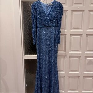 Mac Duggal Sparkling Blue Long Sleeve Dress
